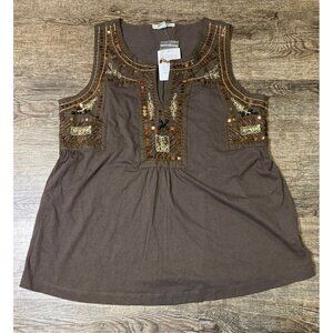 Boston Proper Womens Brown Beaded Sequin Embellished Tank Top Blouse Size Small